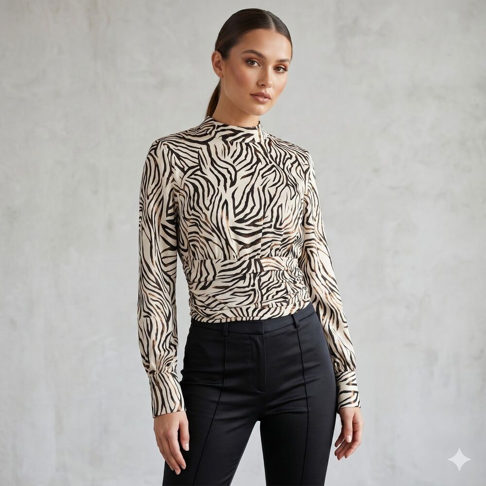 Rachel Zoe NEW Animal Print Zebra Beige Black Satin Top Long Sleeves Small